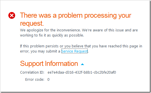 Office 365 Service Request Error
