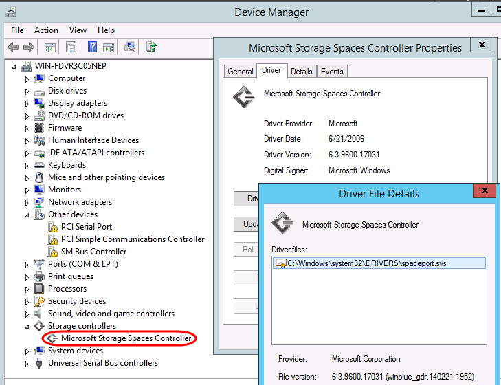 microsoft storage spaces controller driver windows 10 download