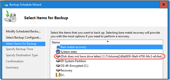 Windows Server 2016 Backup selection 1